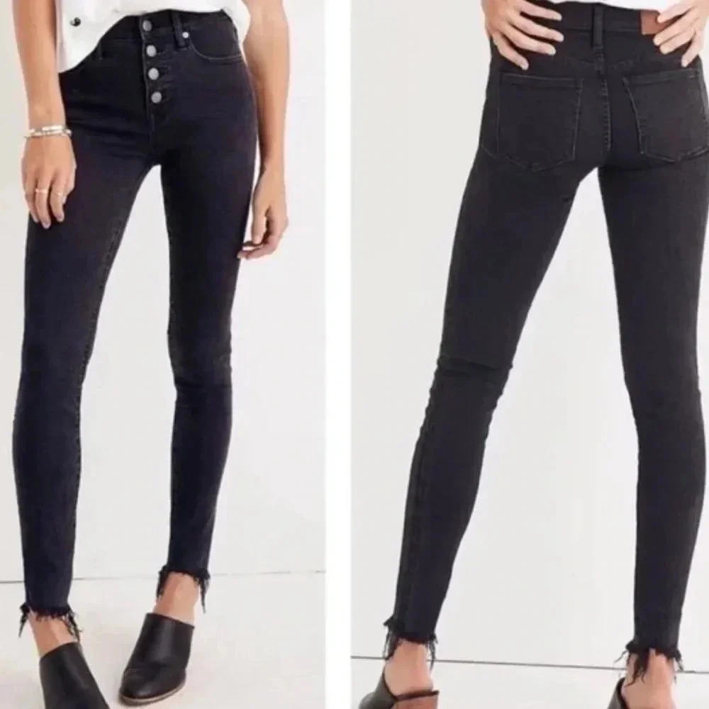 Madewell 9” high rise skinny jeans exposed button fly raw hem black dark gray 26
